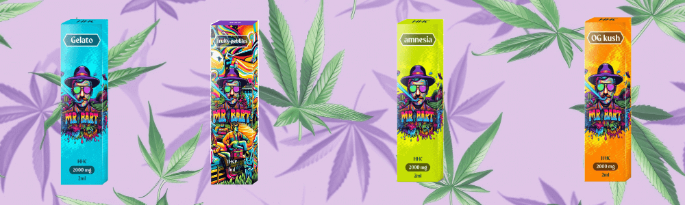 Vapers desechables HHC Mr Bart con sabores Gelato, Fruity Pebbles, Amnesia y OG Kush sobre fondo de hojas de cannabis